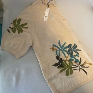 Chico's Light Natural Heather Cardigan Sweater Multi Colored Palms Embroidery